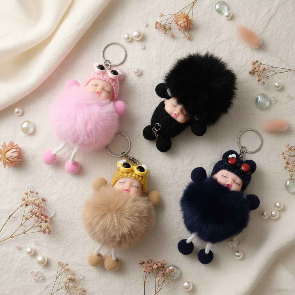 All 4 pom pom doll keychains flat lay cream surface