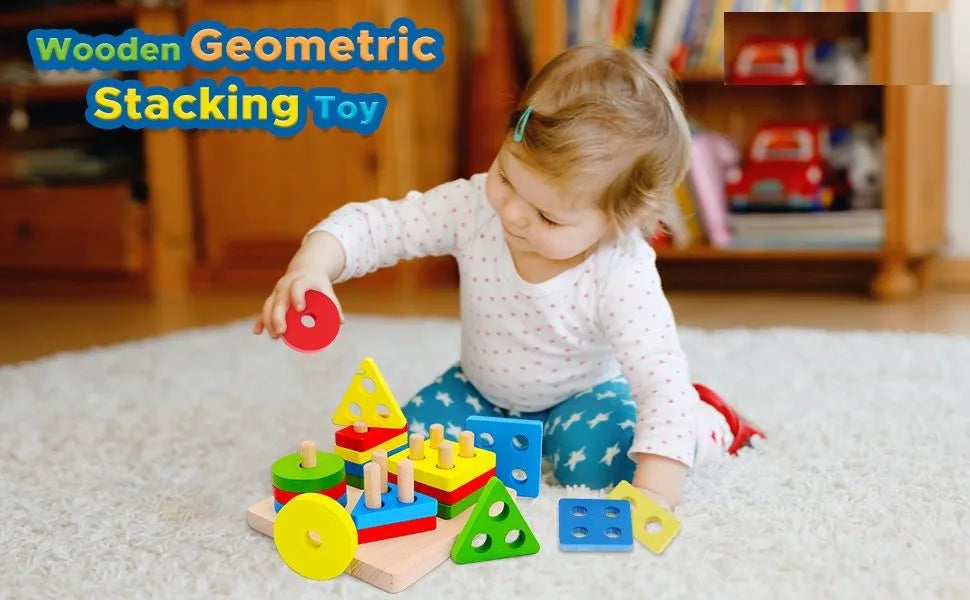Toddler playing with Wooden Geometric Stacking Toy on carpet