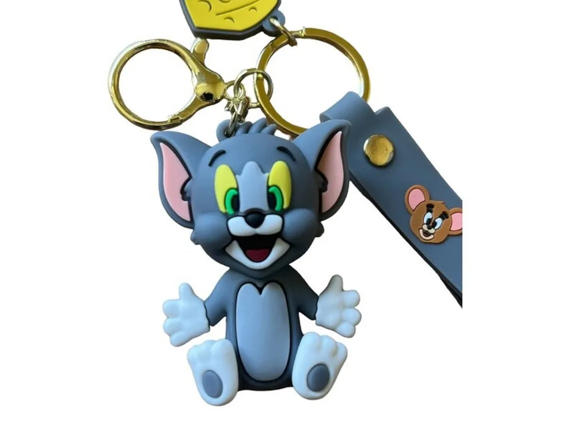 Tom 3D rubber keychain with grey wrist strap and cheese charm front view