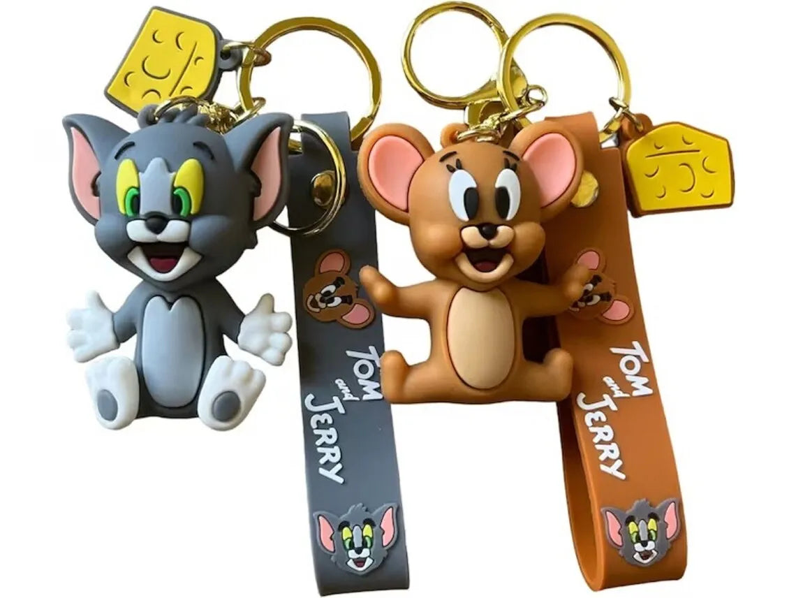 Tom and Jerry 3D rubber keychains side by side with wrist straps