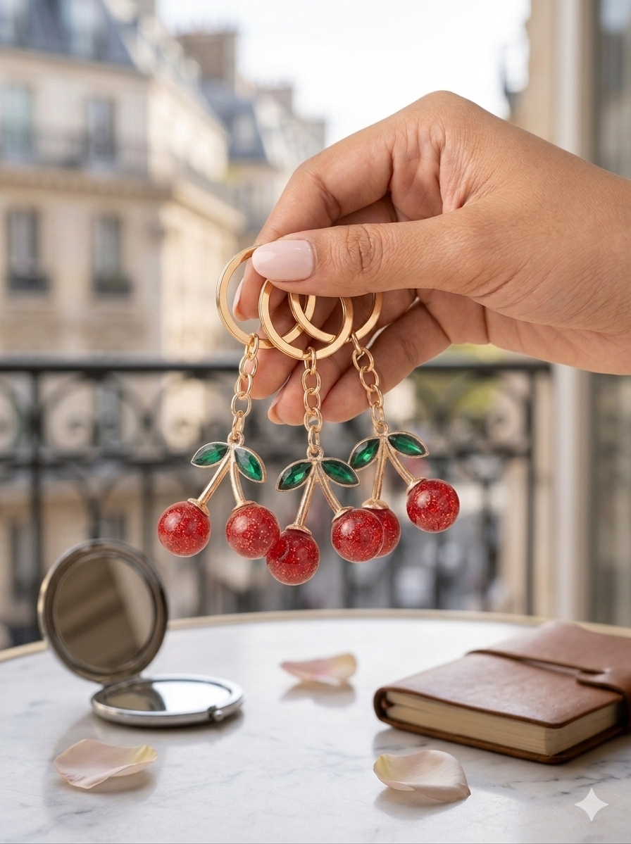 Red glitter cherry keychain editorial lifestyle shot