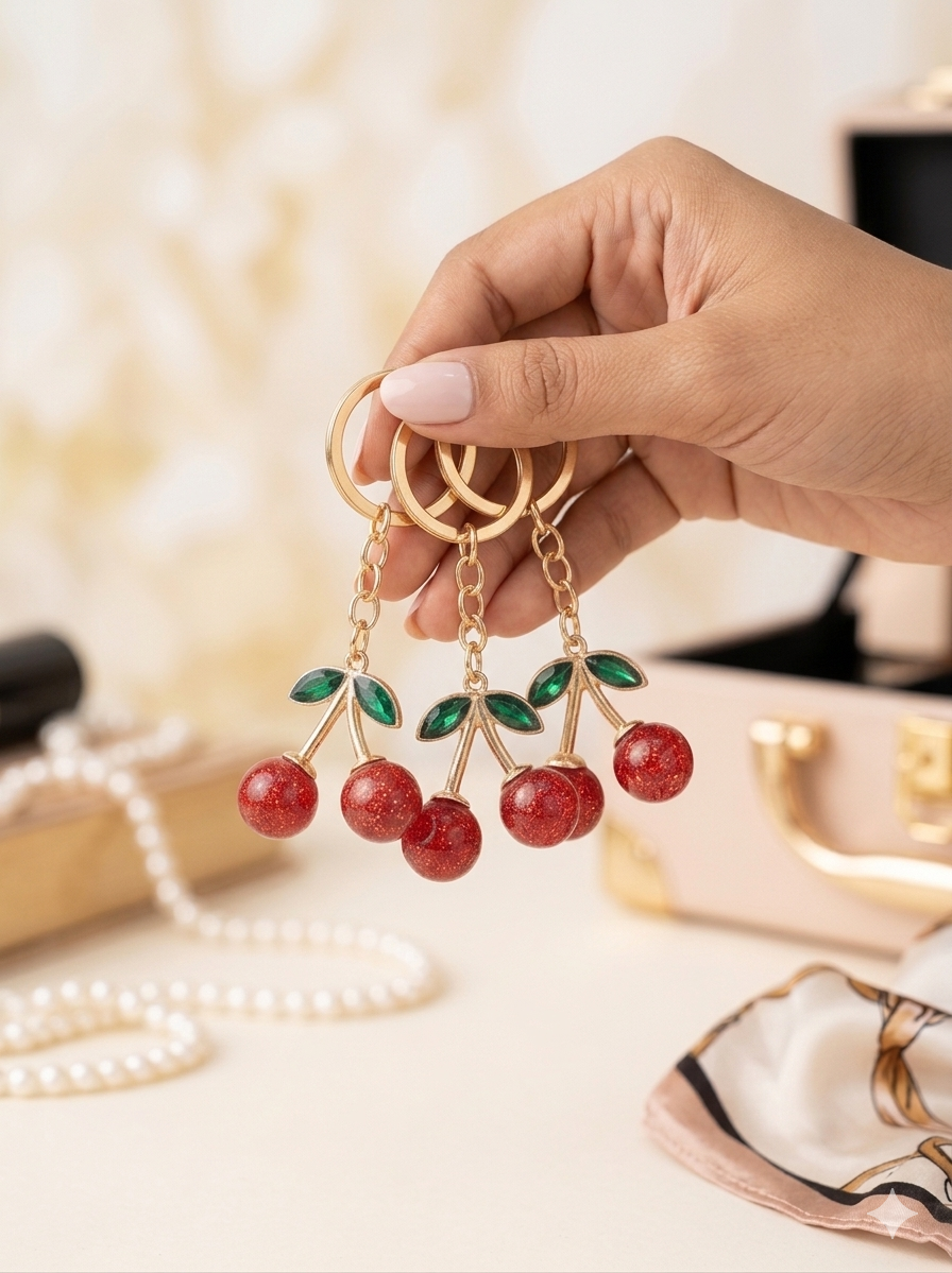 Red glitter cherry keychain beauty flat lay