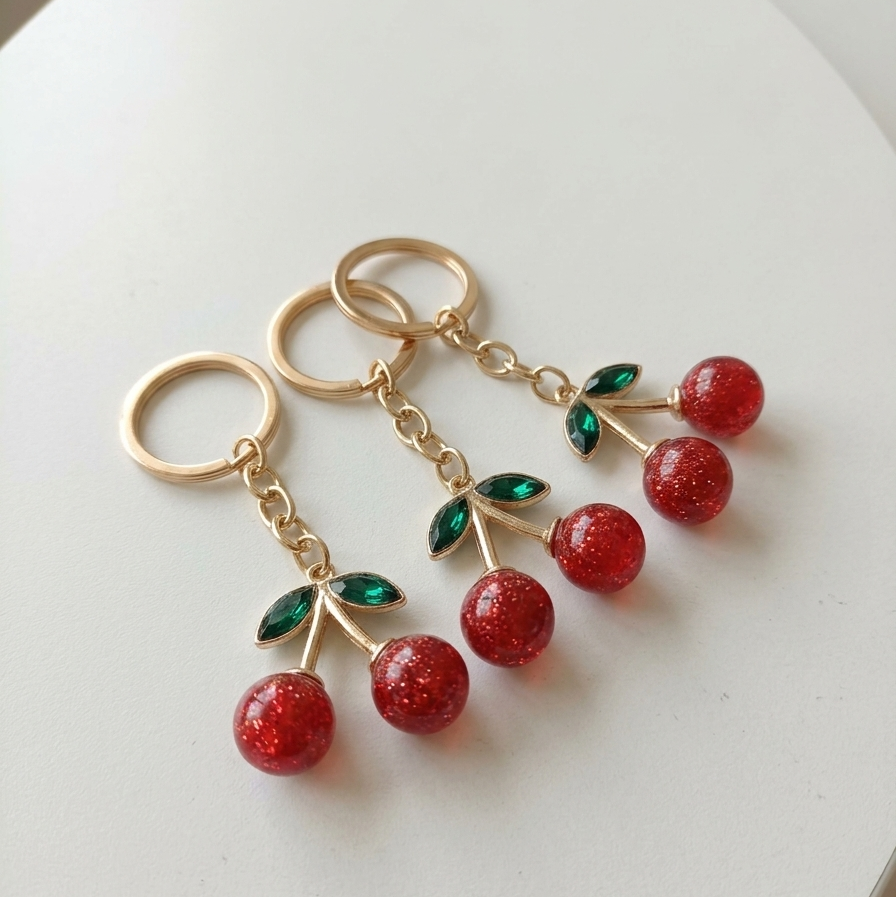 Three red crystal cherry keychains on white surface