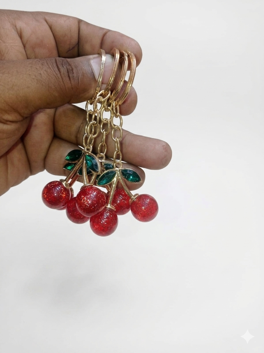 Red crystal cherry keychains held in hand close up