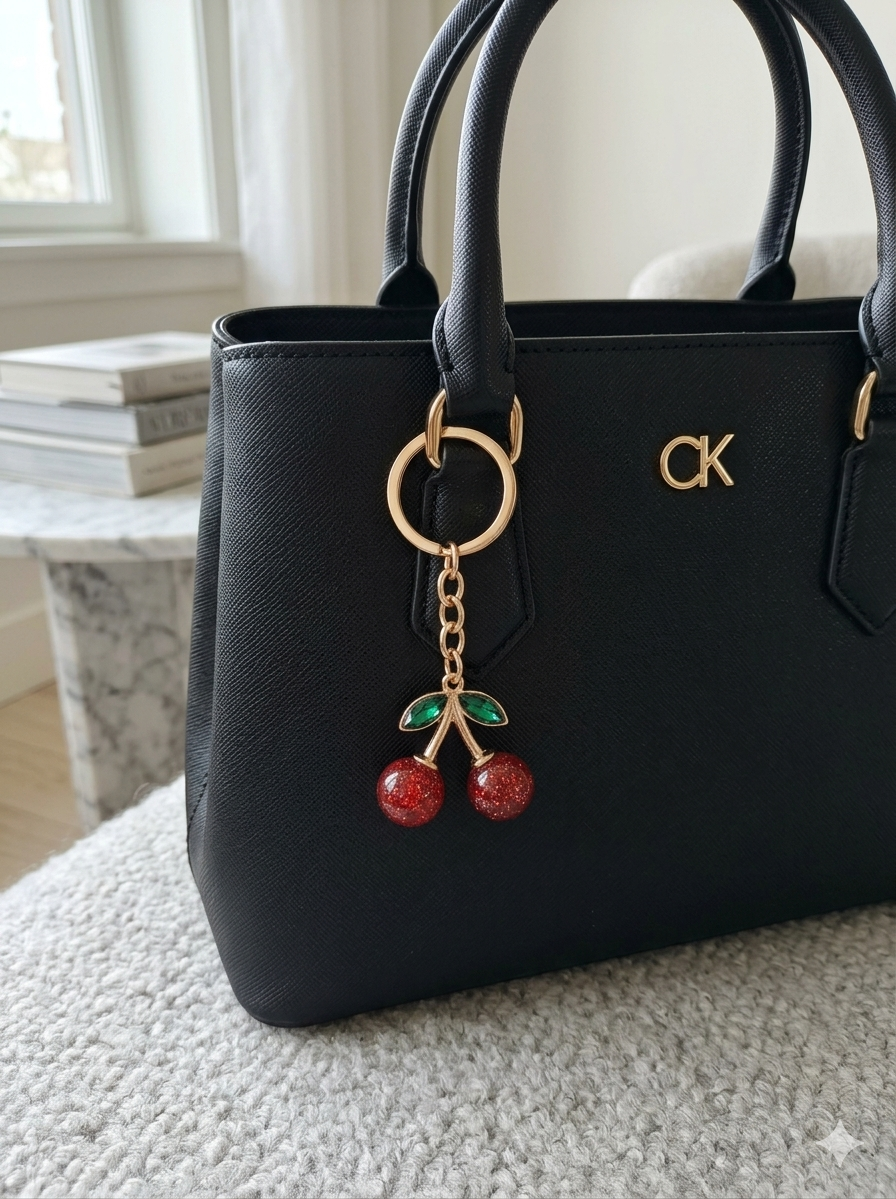 Crystal cherry keychain on black CK handbag lifestyle shot