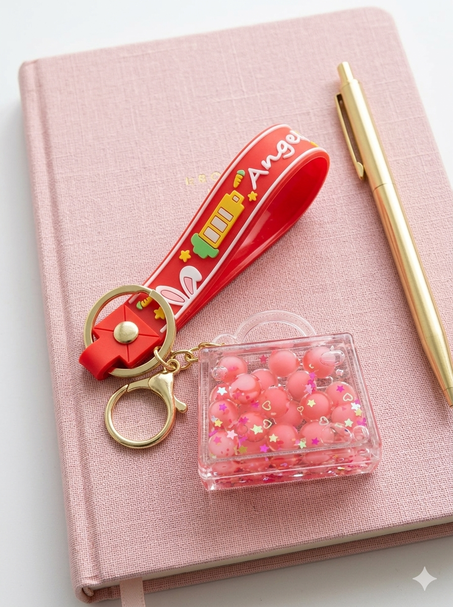 Pink bubble keychain editorial flat lay