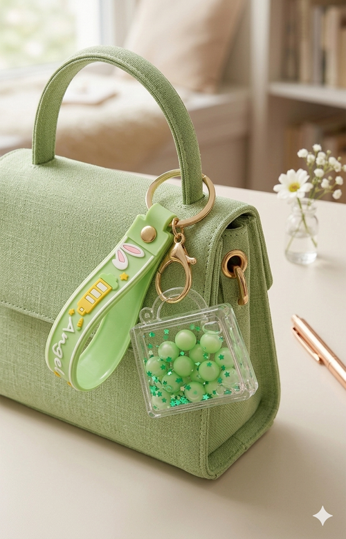 Green bubble keychain on green bag