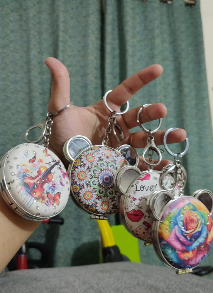 Bear compact mirror keychain rainbow rose design
