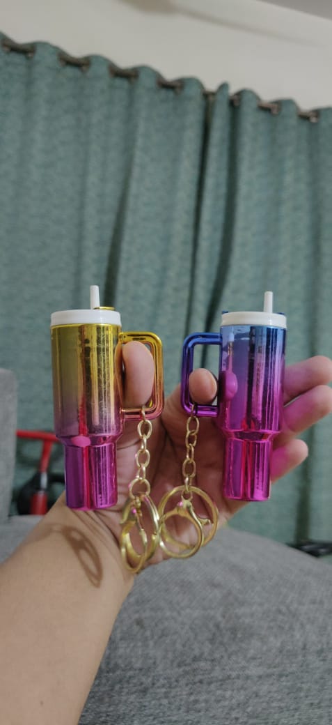 Gold-to-pink and blue-to-pink chrome gradient mini tumbler keychains