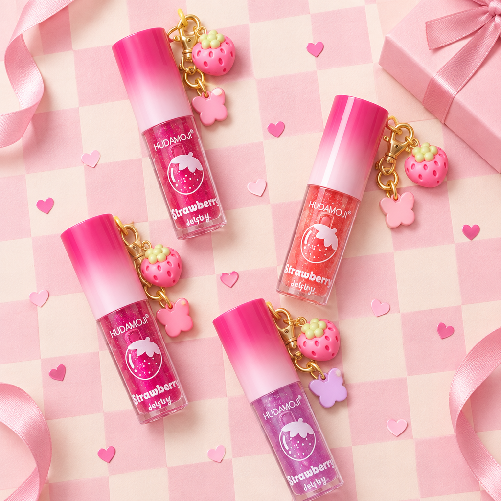 Assorted Butterfly Lip Gloss Keychains in a playful flat lay