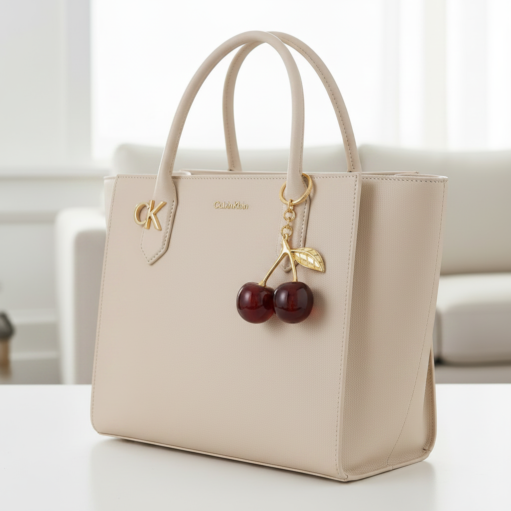 Cherry Keychain on Beige Bag