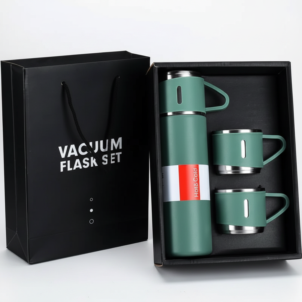 Green Vacuum Flask Set with Label