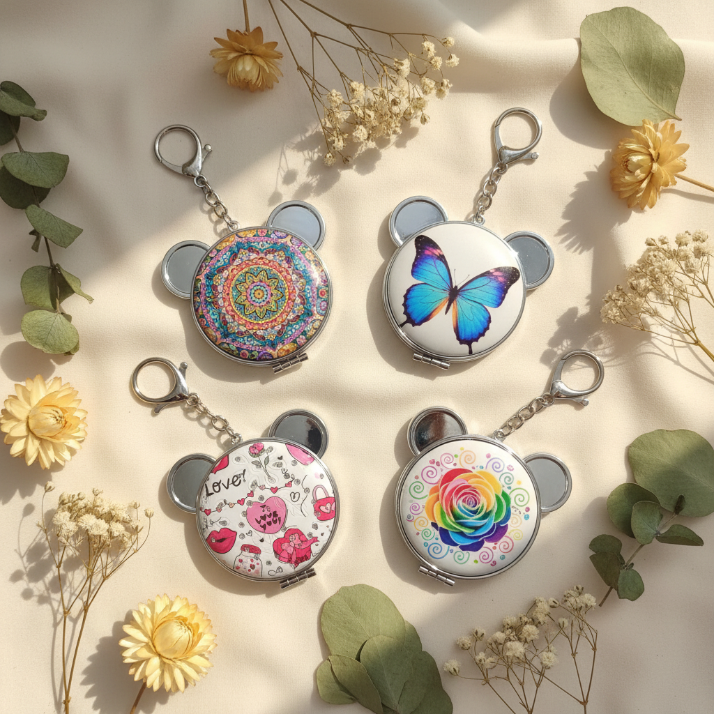 Bear mirror keychain all designs flat lay