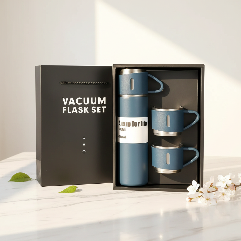 Navy Blue Vacuum Flask Set - Bright with Box Text