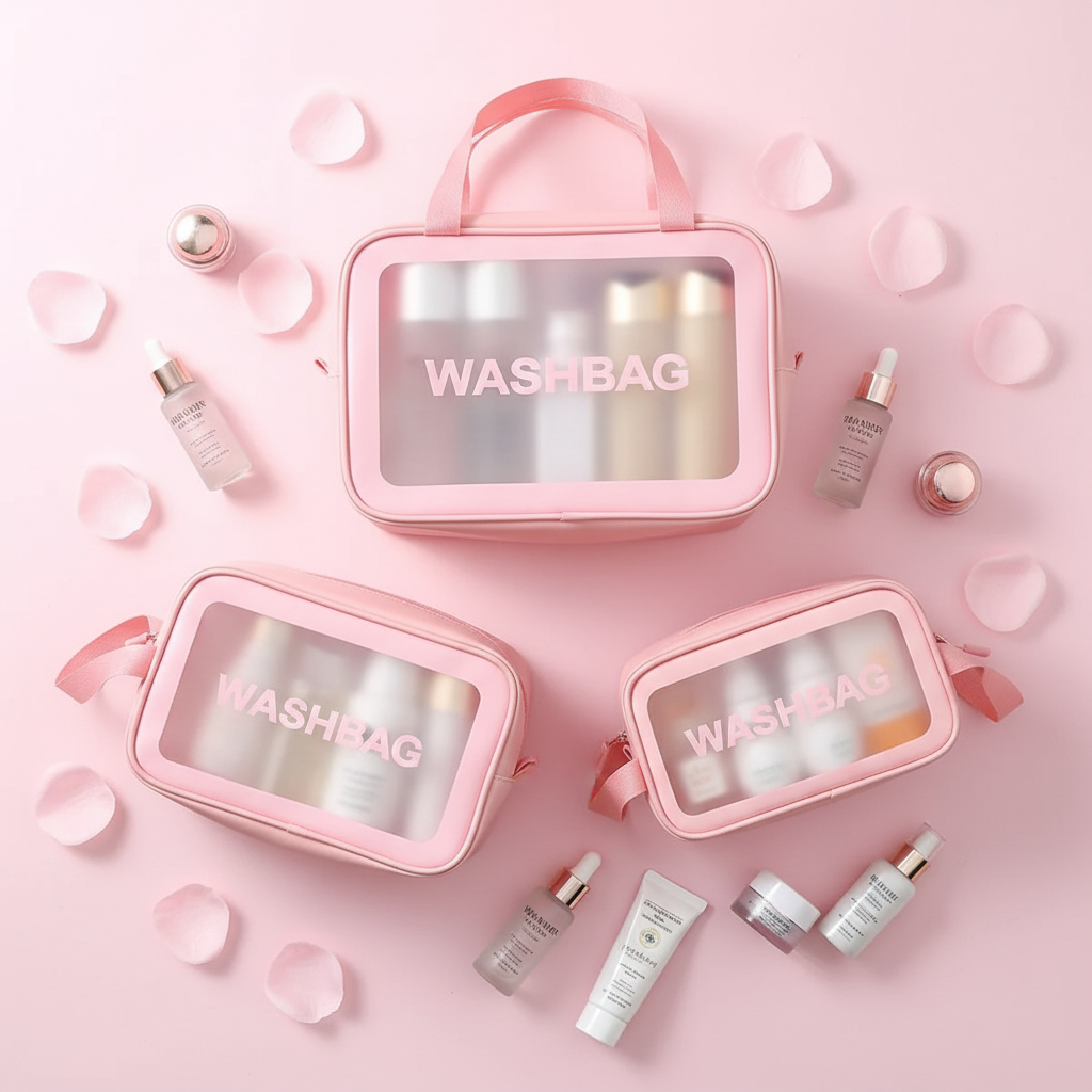 Pink Wash Bag Flat Lay