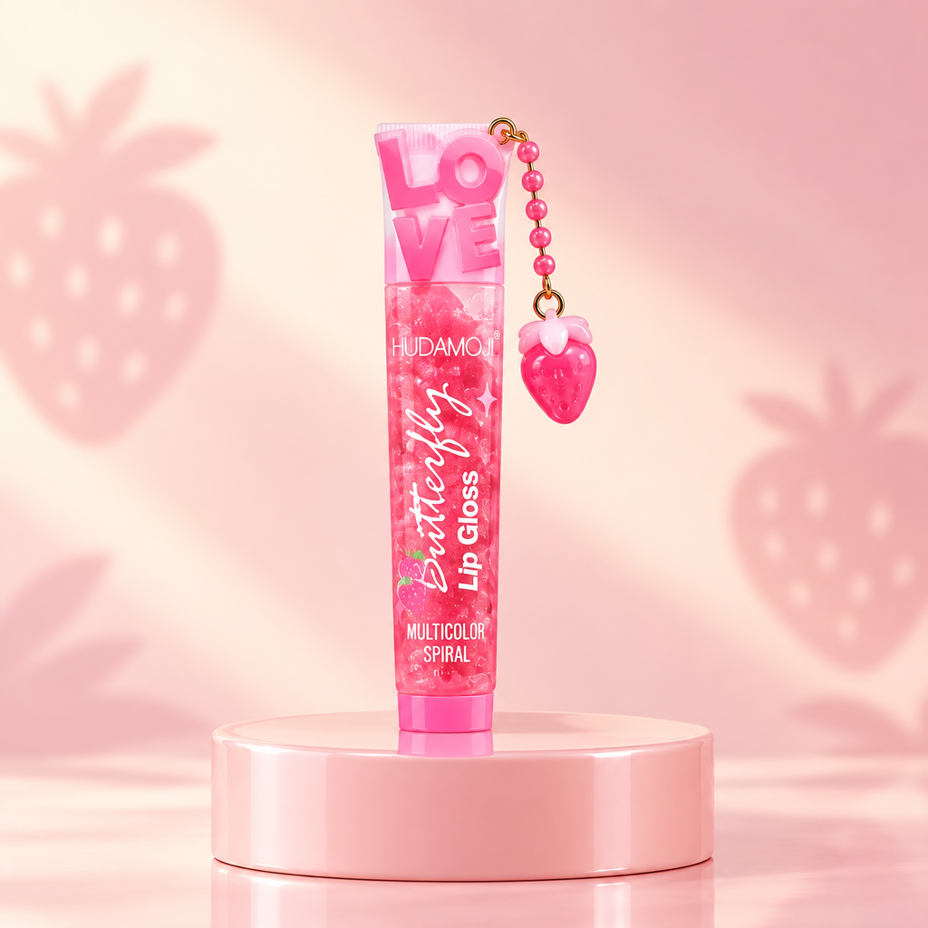 Strawberry jelly lip gloss on a blush pedestal