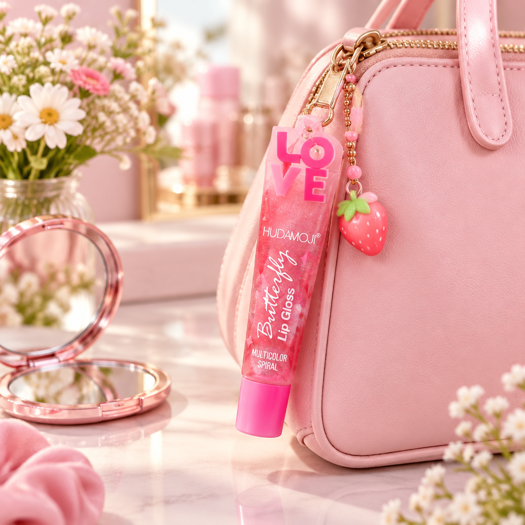 Strawberry lip gloss charm attached to a pastel handbag
